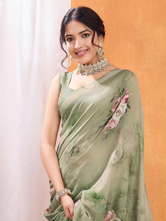 Green Poly Crepe Party Wear Saree With Blouse Piece