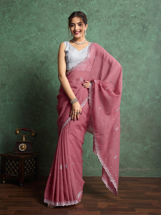 Pure Georgette Solid Embroidered Saree With Scalloping And Fancy Blouse
