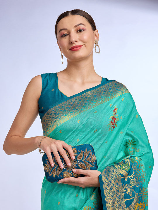 Teal Pure Silk Saree With Blouse Piece