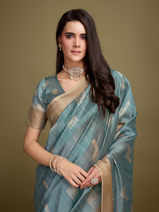 Turquoise Blue Silk Blend Saree With Blouse Piece