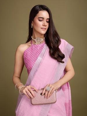 Pink Linen Blend Daily Wear Saree With Blouse Piece