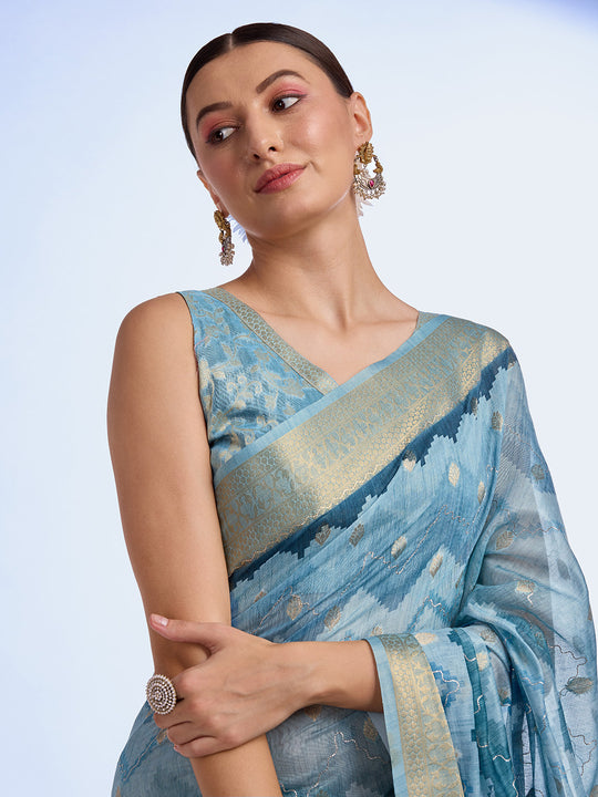 Blue Cotton Blend Saree With Blouse Piece