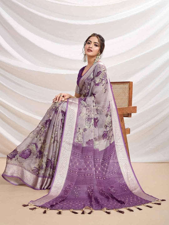 Lavendar Silk Chiffon Viscose Border Floral Printed Saree Saree With Blouse Piece