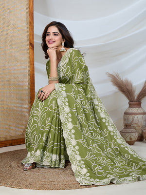 Poly Georgette Geometric Print Saree With Embroidery And Scaloping Work With Unstitched Blouse Piece