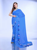 Blue Poly Chiffon Festival Saree With Blouse Piece