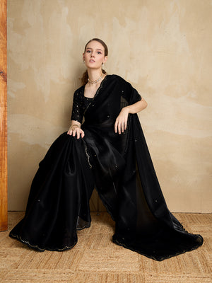 Embellished Mirror Work Organza Saree With Blouse Piece