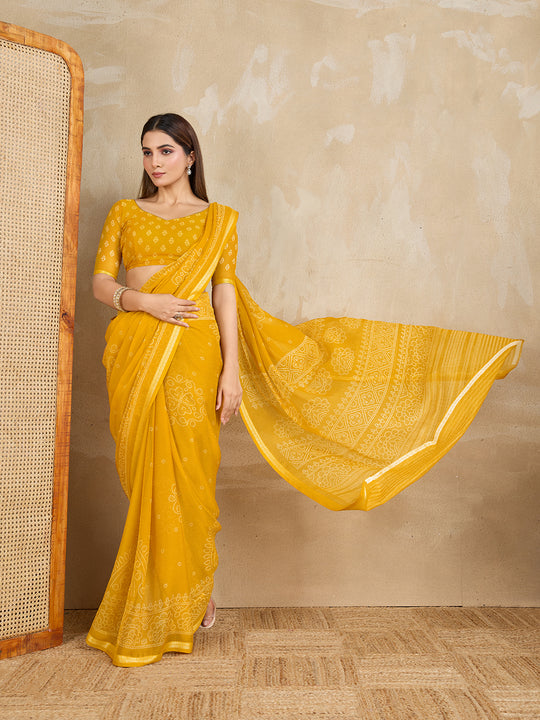 Pure Chiffon Bandhani Printed Saree With Viscose Woven Border And Blouse Piece