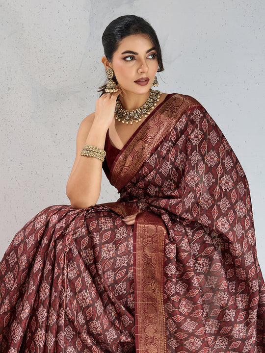 Poly Silk Woven Floral Digital Printed Saree With Woven Jacquard Border And Fancy Tassels