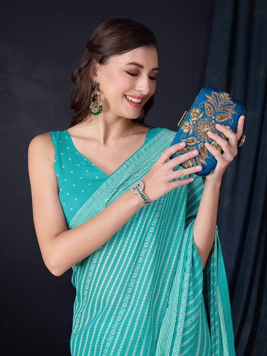 Teal Poly Georgette Saree With Blouse Piece