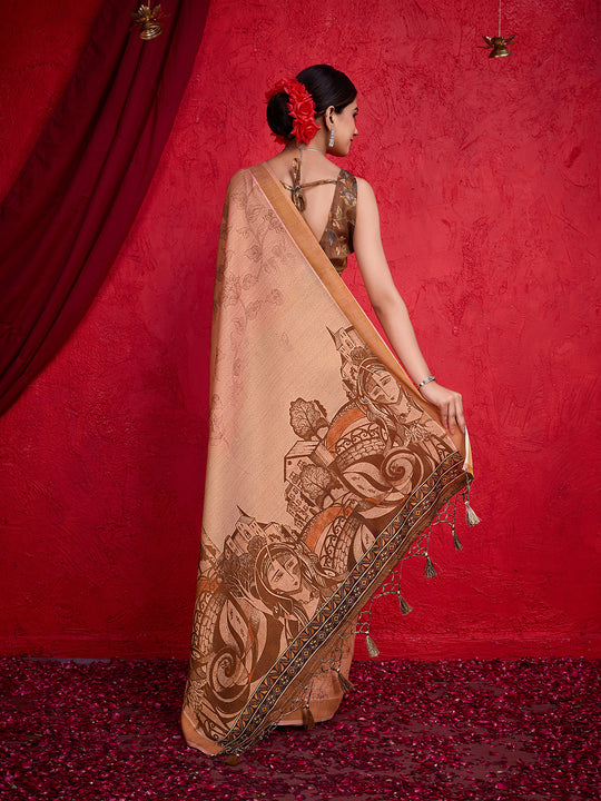 Peach Poly Silk Festival Saree With Blouse Piece