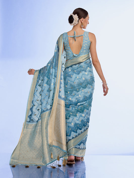 Blue Cotton Blend Saree With Blouse Piece