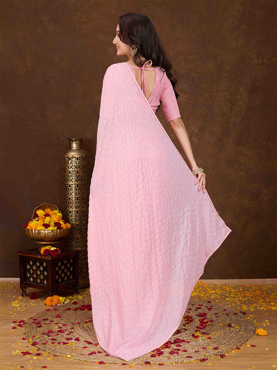 Peach Crepe Georgette Gold Foil Embellished Printed Saree With Blouse Piece