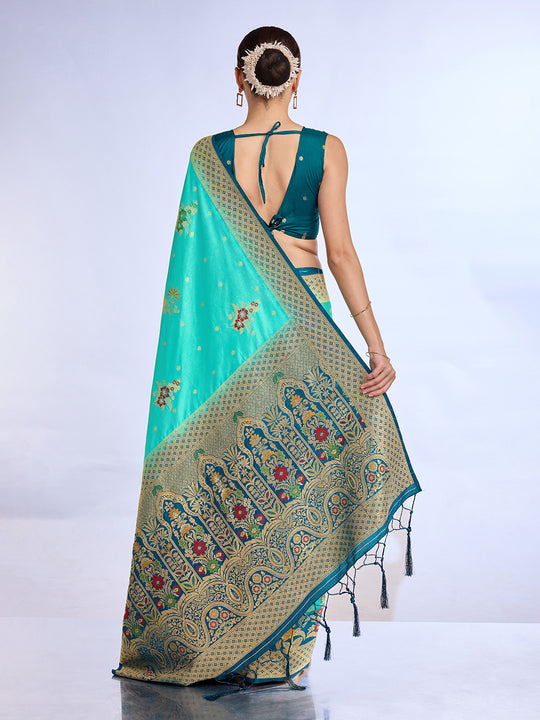 Teal Pure Silk Saree With Blouse Piece