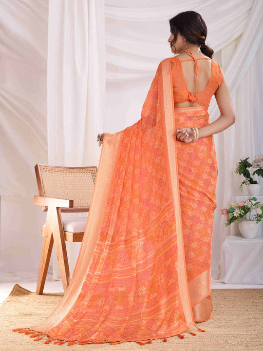 Orange Pure Chiffon Viscose Border Block Printed Saree With Blouse Piece
