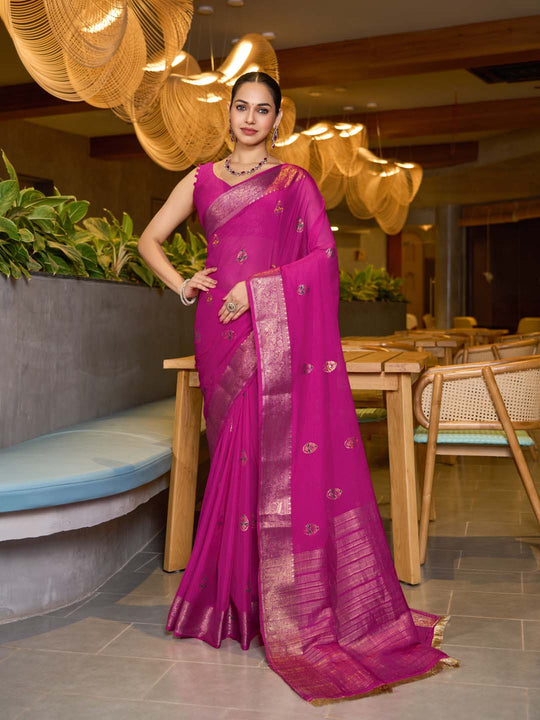 Pink Chinon Soft Silk Saree With Blouse Piece