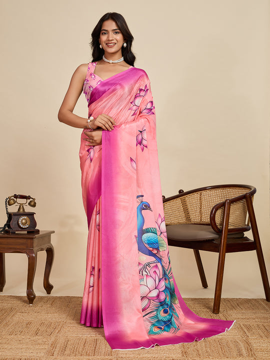 Baby Pink Chinon Saree All Over Single Colour Printed Saree With Blouse Piece