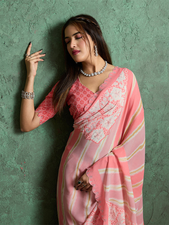 Poly Chiffon Leheriya Printed Saree With A Floral Touch And Swaroski Work With Scalloping