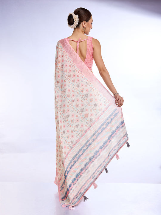 White Linen Blend Saree With Blouse Piece