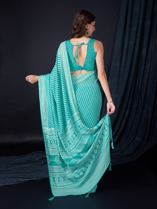 Teal Poly Georgette Saree With Blouse Piece