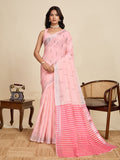Baby Pink Linen Saree With Jari Border All Over Single Colour Printed Saree With Blouse Piece