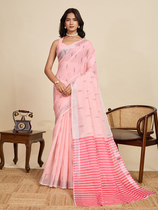 Baby Pink Linen Saree With Jari Border All Over Single Colour Printed Saree With Blouse Piece