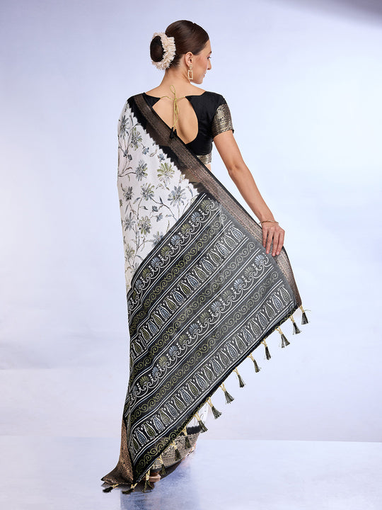 White & Black Dola Silk Saree With Blouse Piece