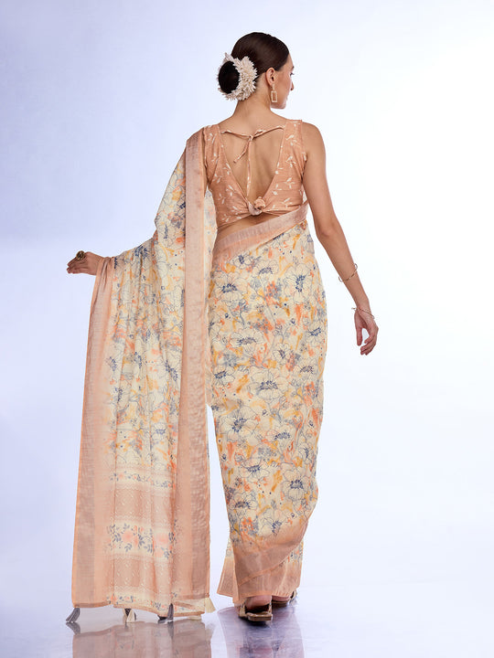 Beige  Linen Blend Saree With Blouse Piece