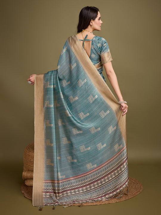 Turquoise Blue Silk Blend Saree With Blouse Piece