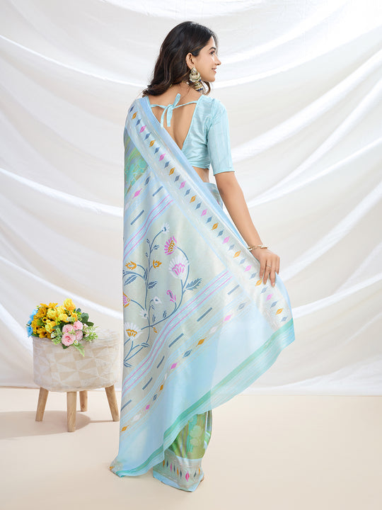 Blue Handloom Silk Festive Wear Saree With Blouse Piece