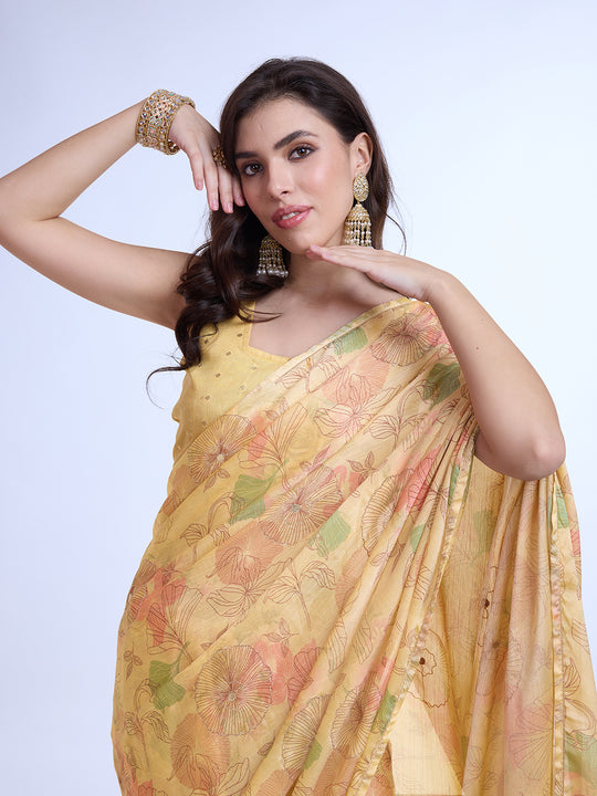 Light Yellow  Poly Chiffon Festive Wear Saree With Blouse Piecde
