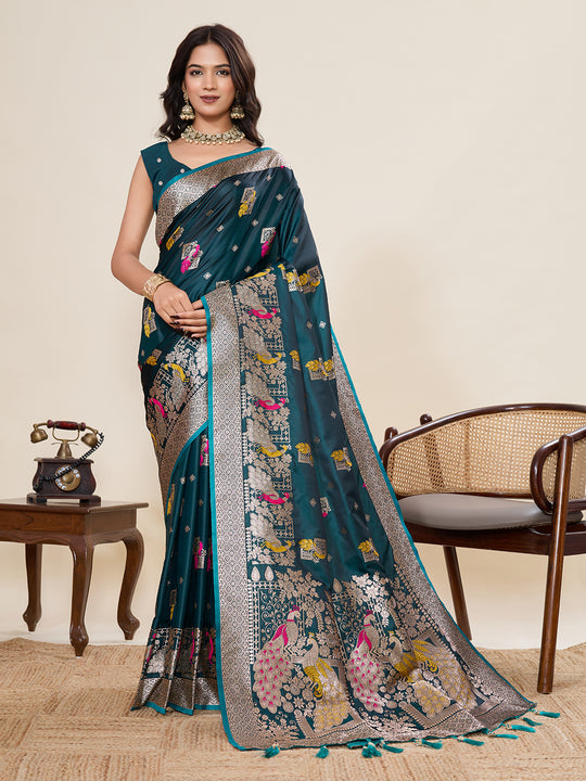 Teal Green Soft Silk Sarees Premium Two Tone Satin Fabric With Unique Pathani Type Designs Saree With Blouse Piece