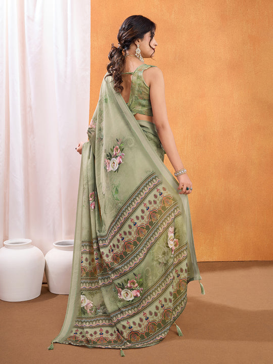 Green Poly Crepe Party Wear Saree With Blouse Piece