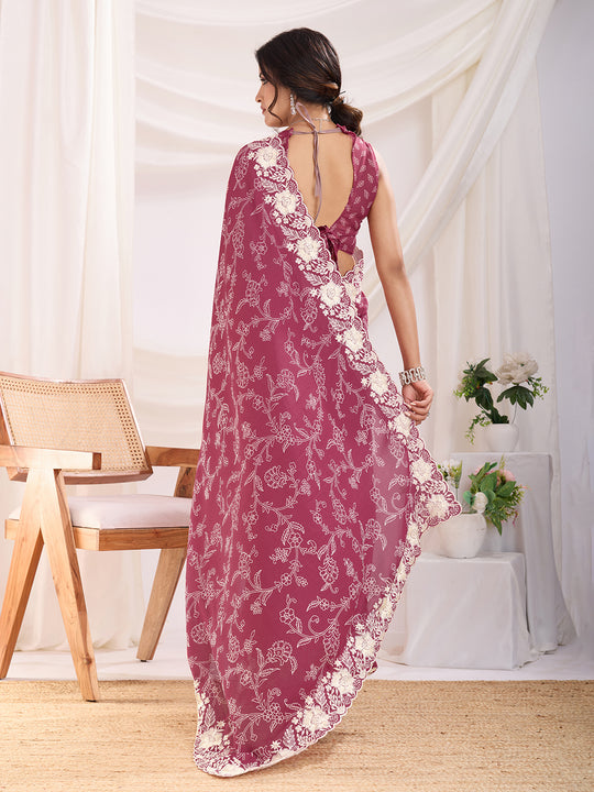 Magenta Poly Georgette Festive Wear Saree With Blouse Piece