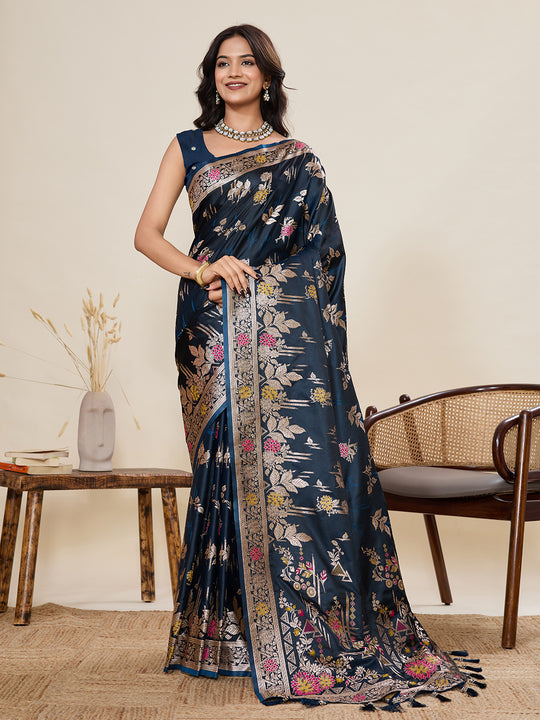 Teal Blue Soft Silk Sarees Premium Two Tone Satin Fabric With Unique Pathani Type Designs Saree With Blouse Piece