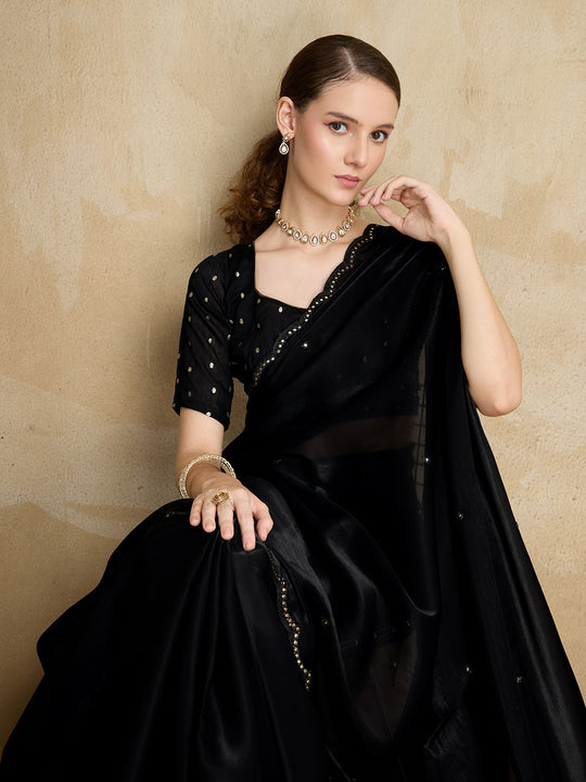 Embellished Mirror Work Organza Saree With Blouse Piece