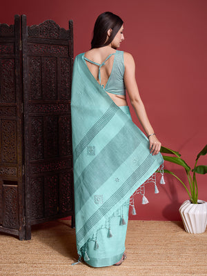 Turquoise Linen Blend Saree With Blouse Piece