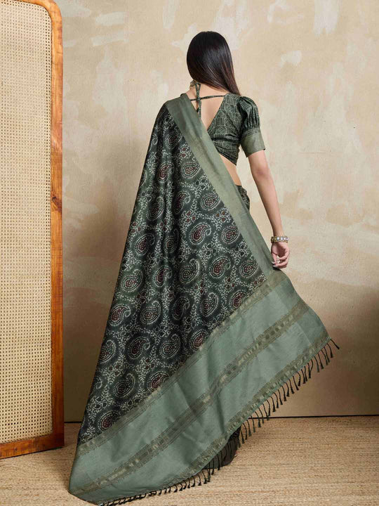 Olivegreen Pure Handloom Tussar Woven Pallu Ajrakh Printed With Blouse Piece