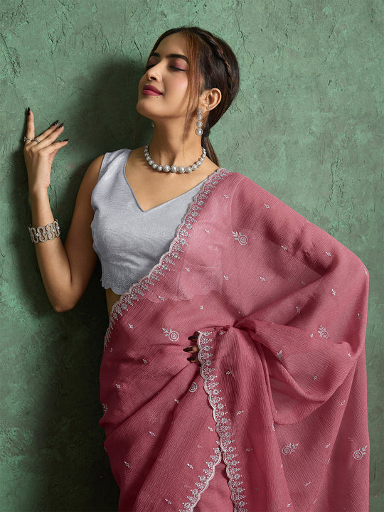 Pure Georgette Solid Embroidered Saree With Scalloping And Fancy Blouse