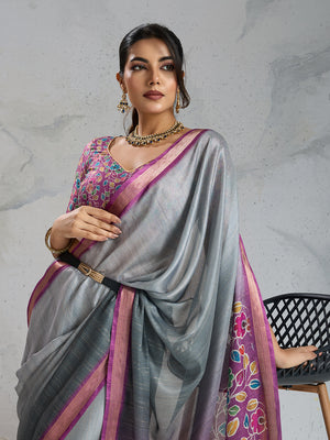 Pure Chiffon Digital Printed Woven Saree With Woven Border And Fancy Tassels