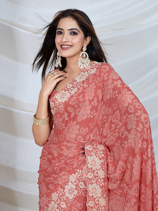 Poly Georgette Geometric Print Saree With Embroidery And Scaloping Work With Unstitched Blouse Piece