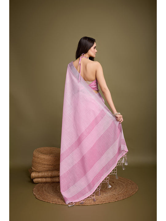 Pink Linen Blend Daily Wear Saree With Blouse Piece