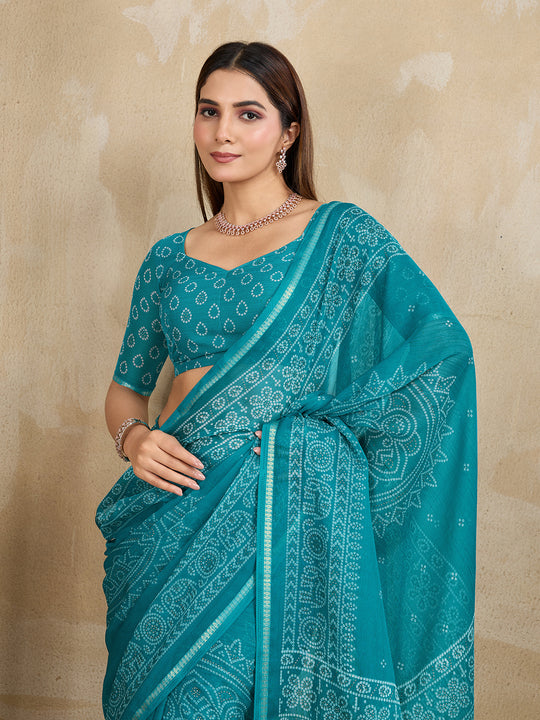 Pure Chiffon Bandhani Printed Saree With Viscose Woven Border And Blouse Piece