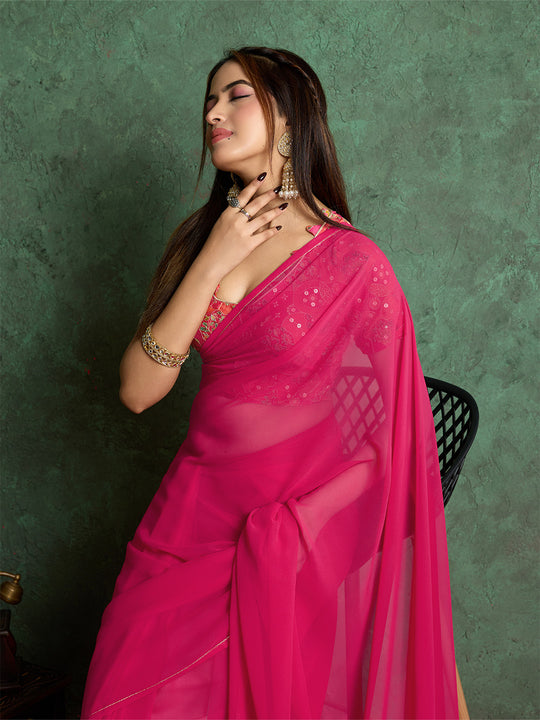 Poly Chiffon Dyed Saree With Heavy Embroidered Blouse Piece