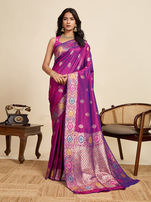 Violet Pure Jacquard Fabrics With Sona Chandi Pure Zari Work Saree With Blouse Piece