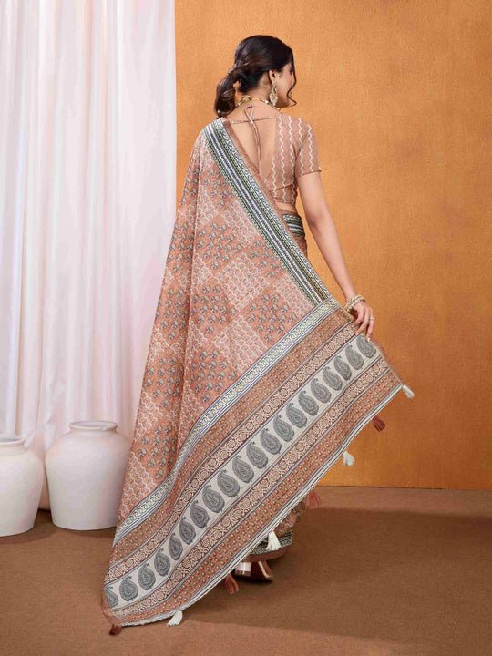 Brown Pure Tussar Silk Ajrakh Block Printed With Blouse Piece