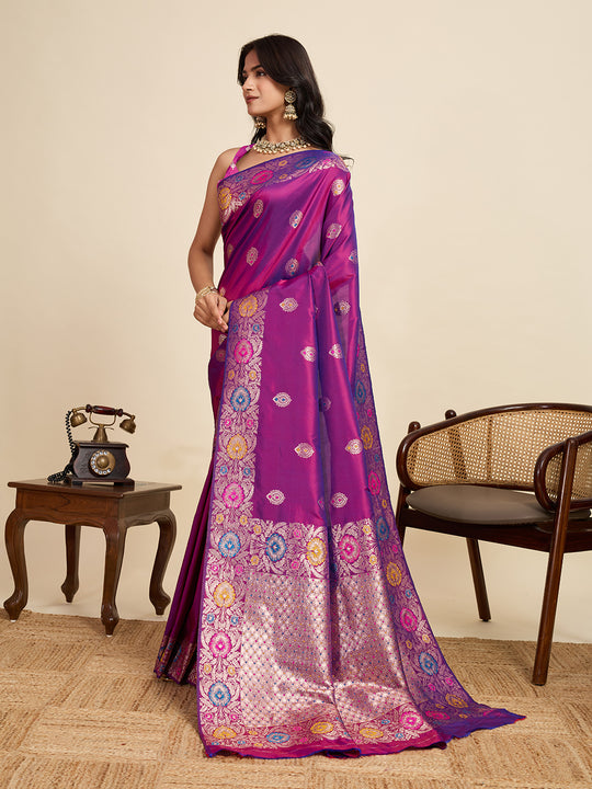 Violet Pure Jacquard Fabrics With Sona Chandi Pure Zari Work Saree With Blouse Piece