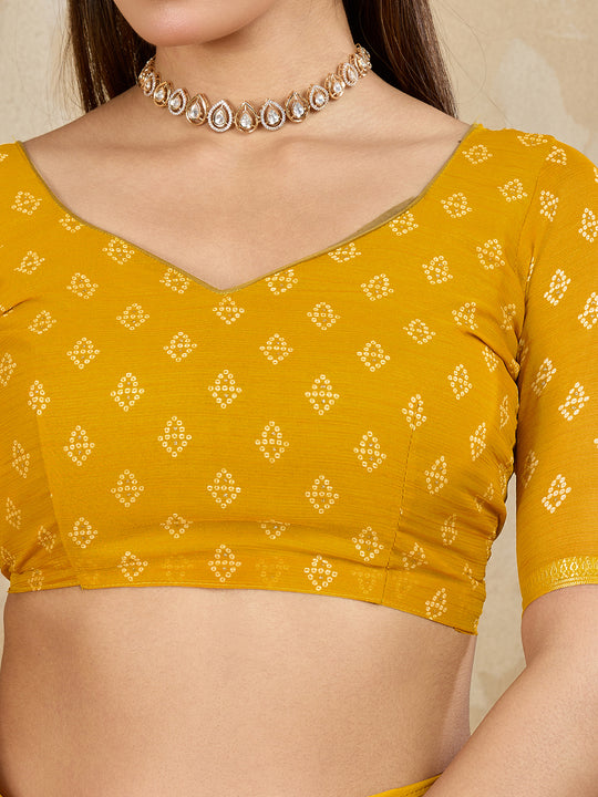 Pure Chiffon Bandhani Printed Saree With Viscose Woven Border And Blouse Piece