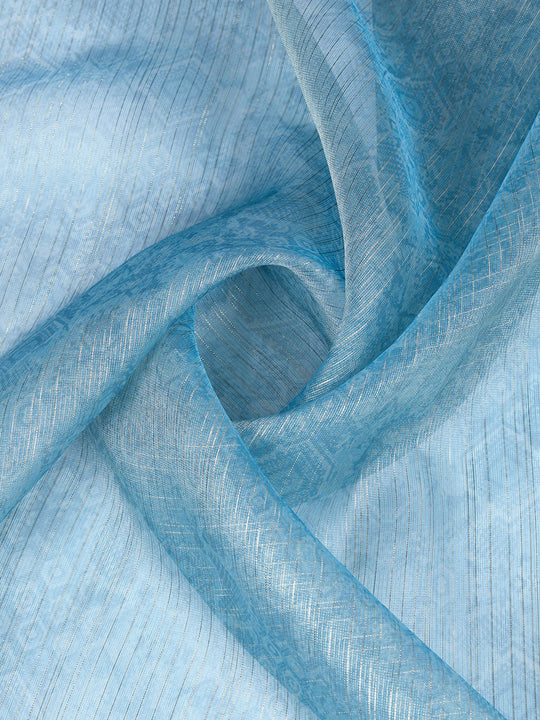 Skyblue Organza Zari Woven Printed Saree With Hand-Sequence Embellishment Saree With Blouse Piece