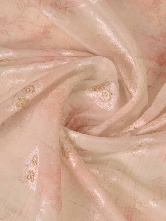 Rose Pink Pure Cotton Lucknowi Woven Banarasi Saree With Ombre Floral Prints