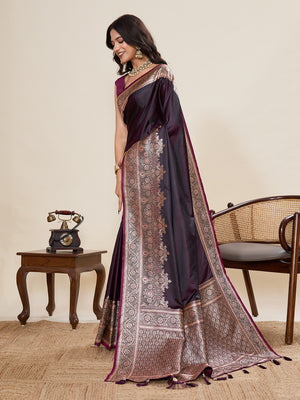 Maroon Pure Satin Silk Gala Border Concept Weaved With Jari And Minakari Rich Pallu Saree With Blouse Piece